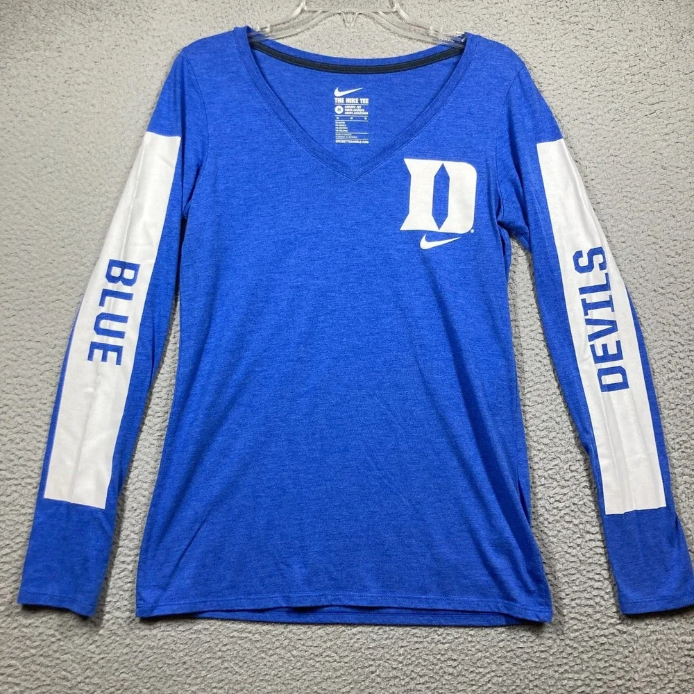 Duke University Blue Devils T Shirt Womens Medium Blue V Neck Long Sleeve Nike